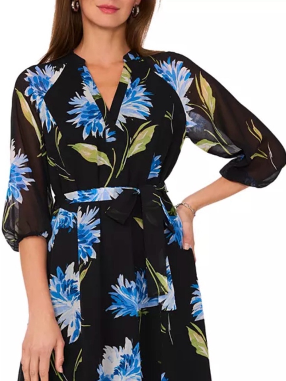 Vince Camuto Black Floral long sleeve maxi Dress with Blue & White Blooms